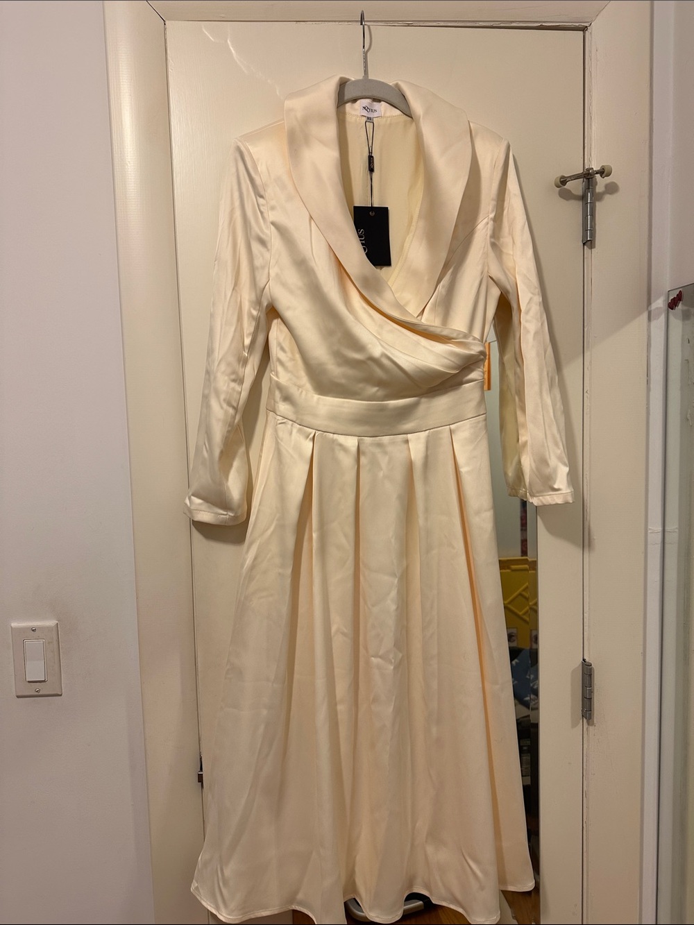 Cream Satin Wrap Midi Dress with Shawl Collar